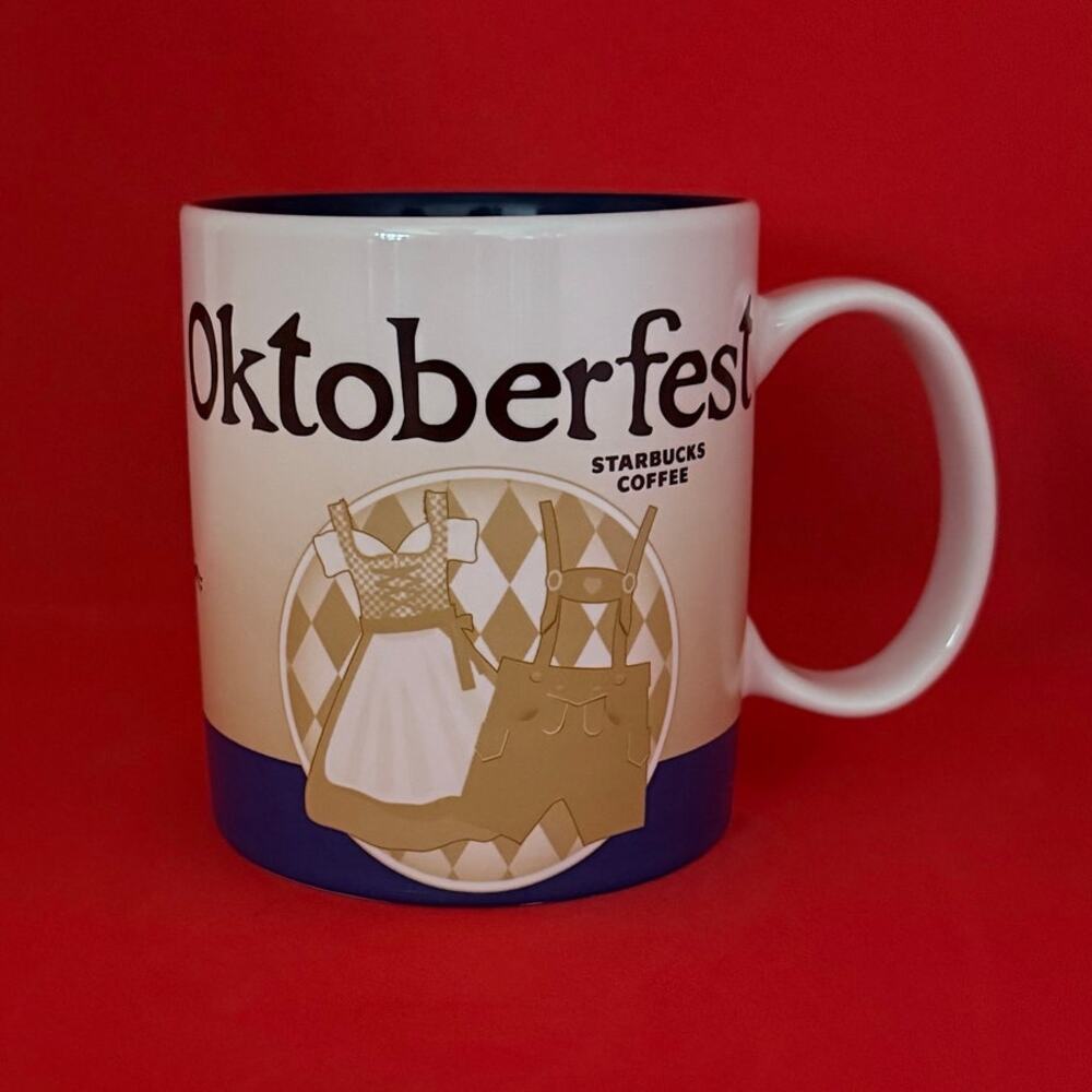 Starbucks Oktoberfest Munchen Coffee Mug Global Icon 2015 Tan Blue EUC 16 Oz.